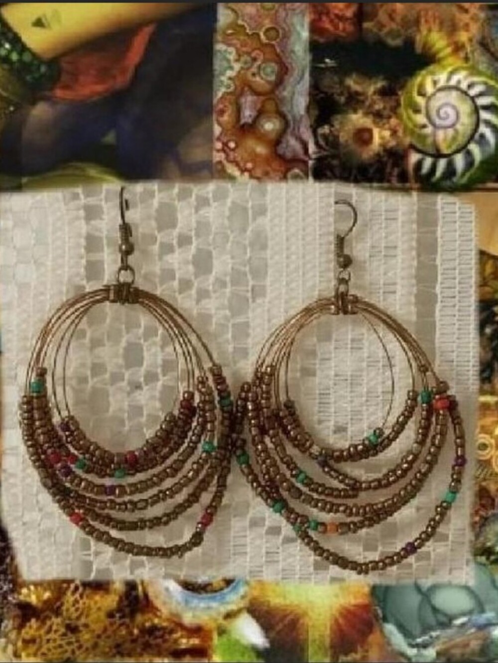 Vintage Boho Style Tiered Copper Wire bronze & Multi Color Beaded Hoop Earrings